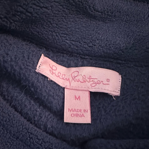 LILLY PULITZER Fleece Jacket Coat Navy Blue Pink Palm Tree Pockets Elbow Patch - Picture 9 of 16
